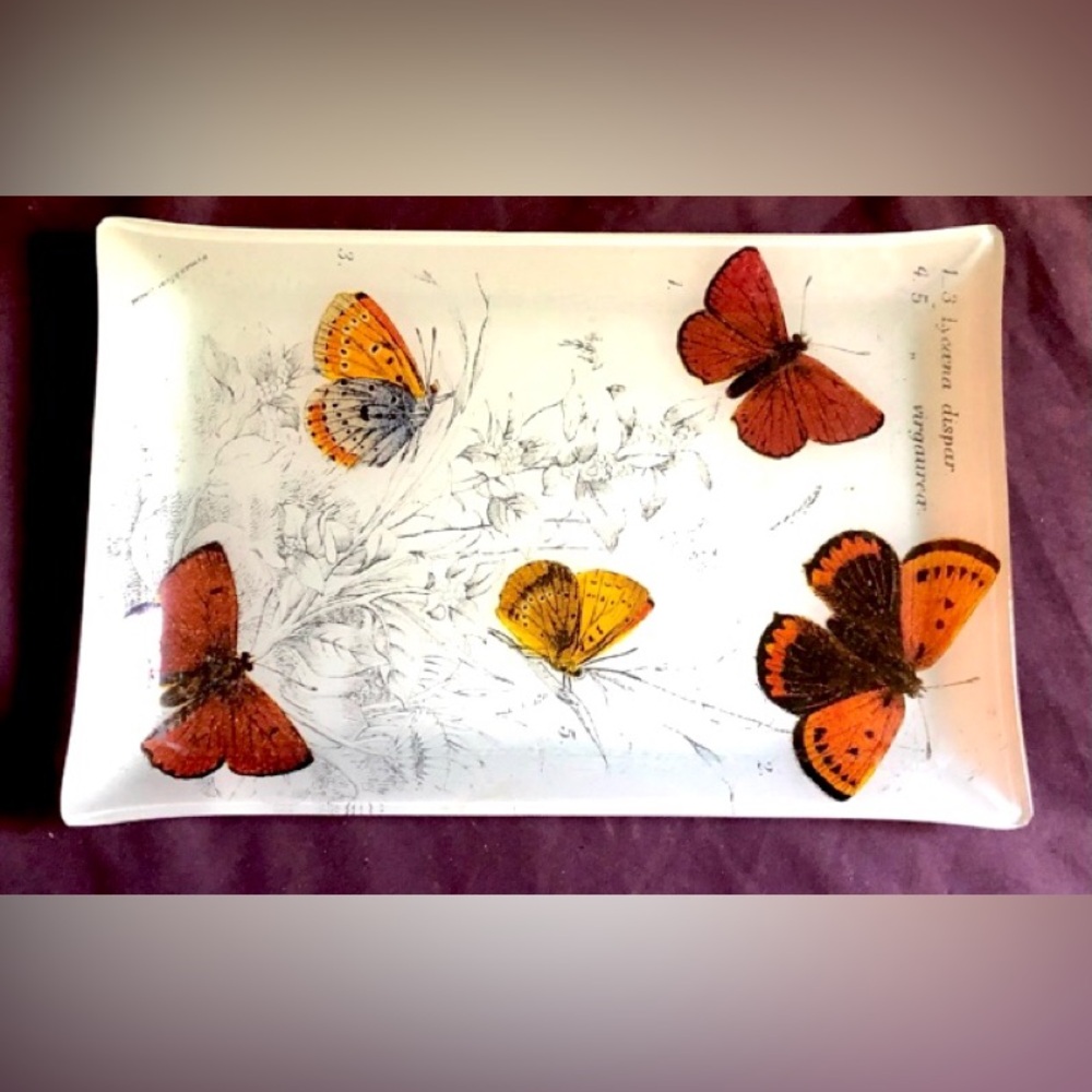Brown Topaz Gold Butterfly Botanical Print Frosted White Glass Decor Tray 11.6”